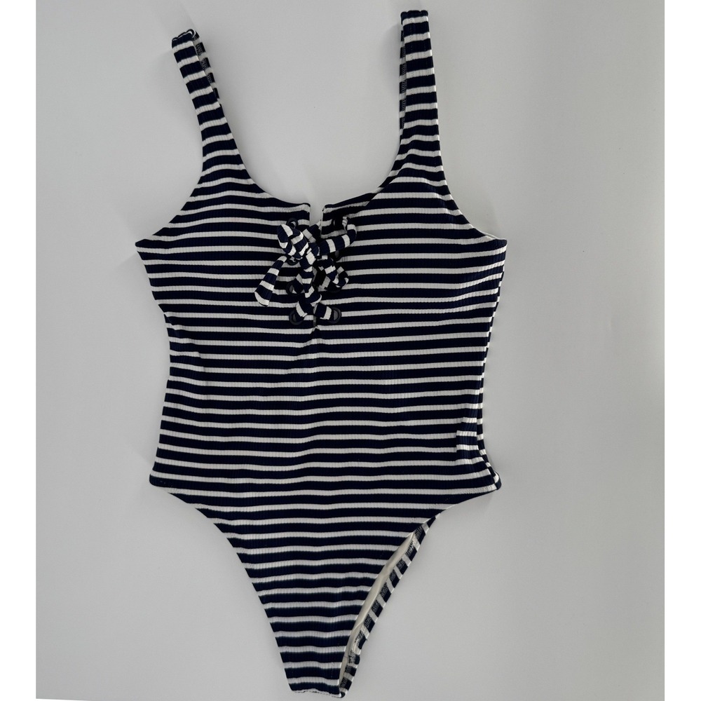 Aerie One Piece Swimsuit S Ribbed Striped Lace Up Nautical Coastal Preppy Summer